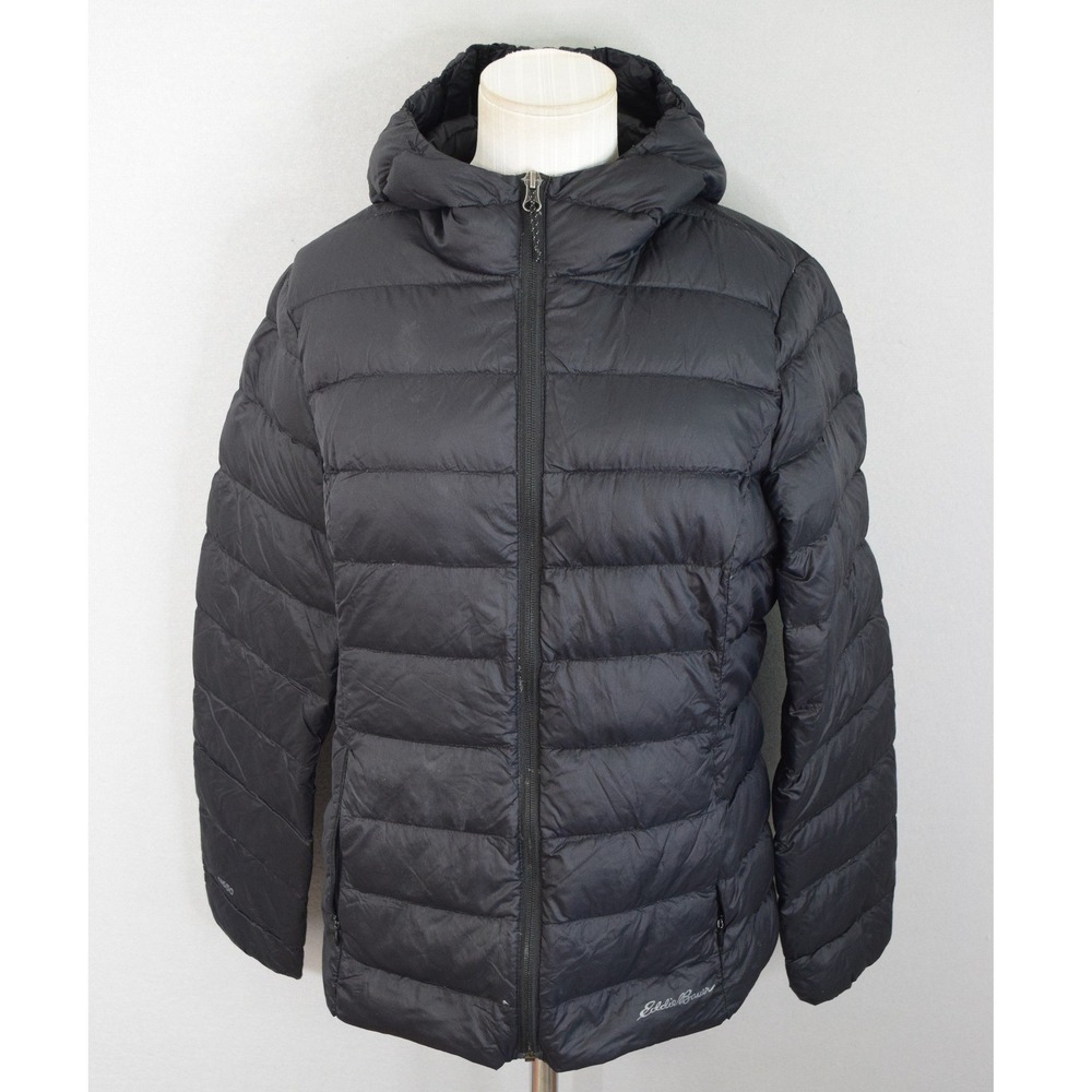Eddie Bauer Puffer Jacket Large Black EB650 Down Hooded Quilted Women Outdoor